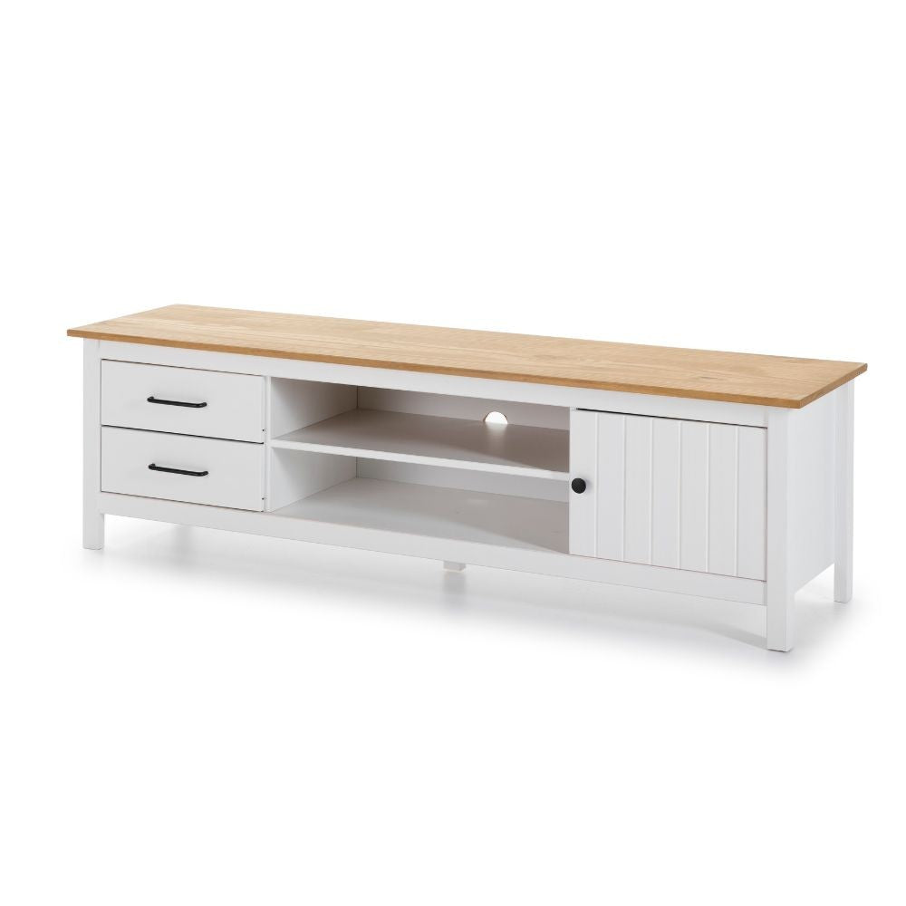 Mobile porta tv Miranda con 1 anta 2 cassetti e 2 vani a giorno in legno massiccio colore bianco e top pino