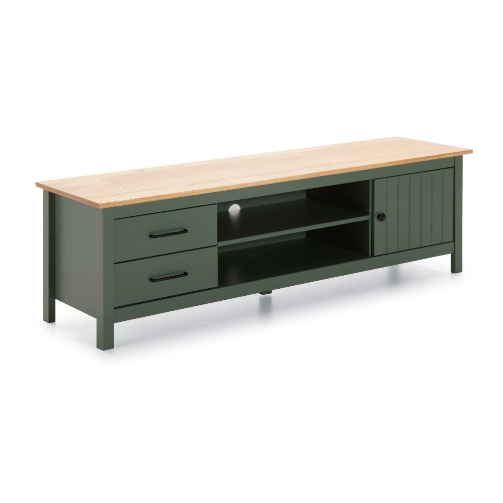Mobile porta tv Miranda con 1 anta 2 cassetti e 2 vani a giorno in legno massiccio colore verde e top pino