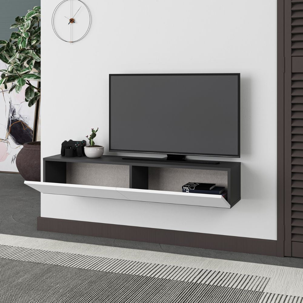 Mobile porta TV sospeso Francy antracite bianco ante a ribalta 135x31.7x25 cm.