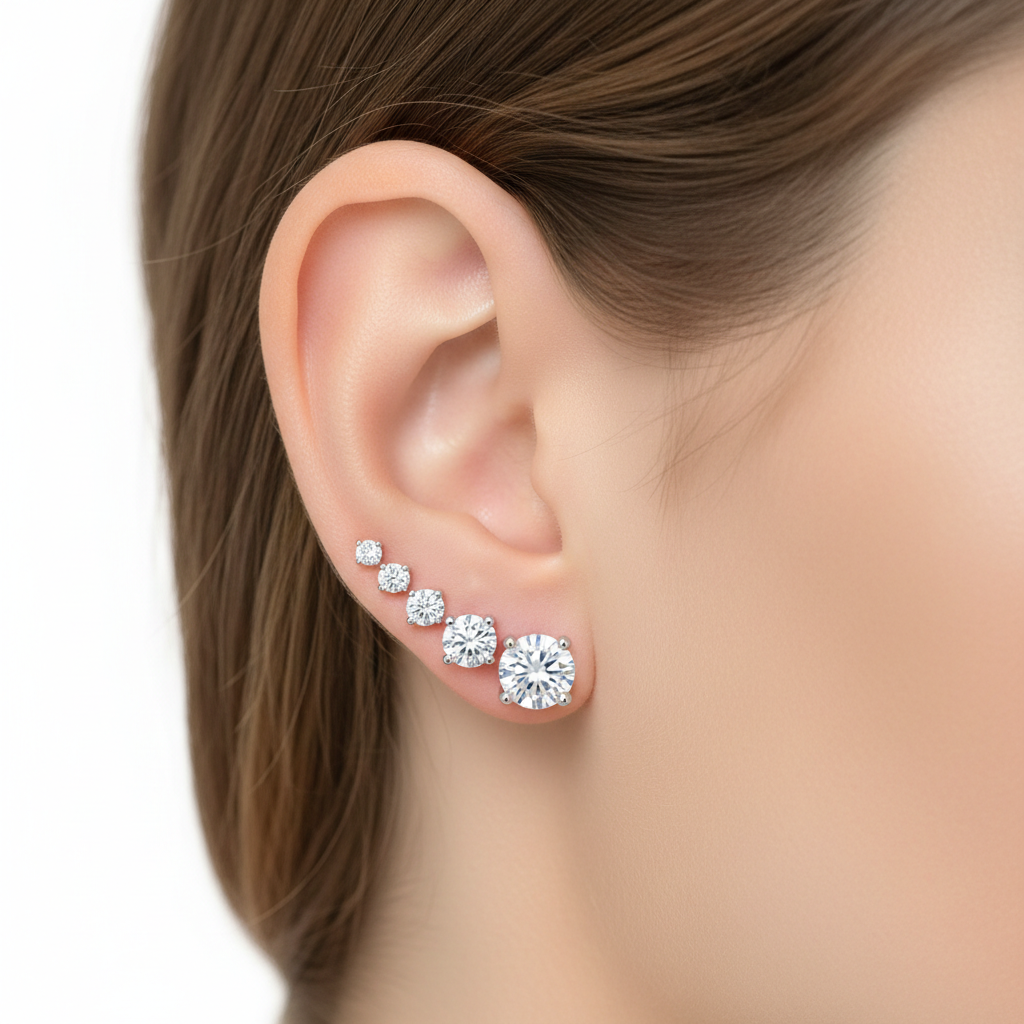 Orecchini punto luce con zircone bianco indossati