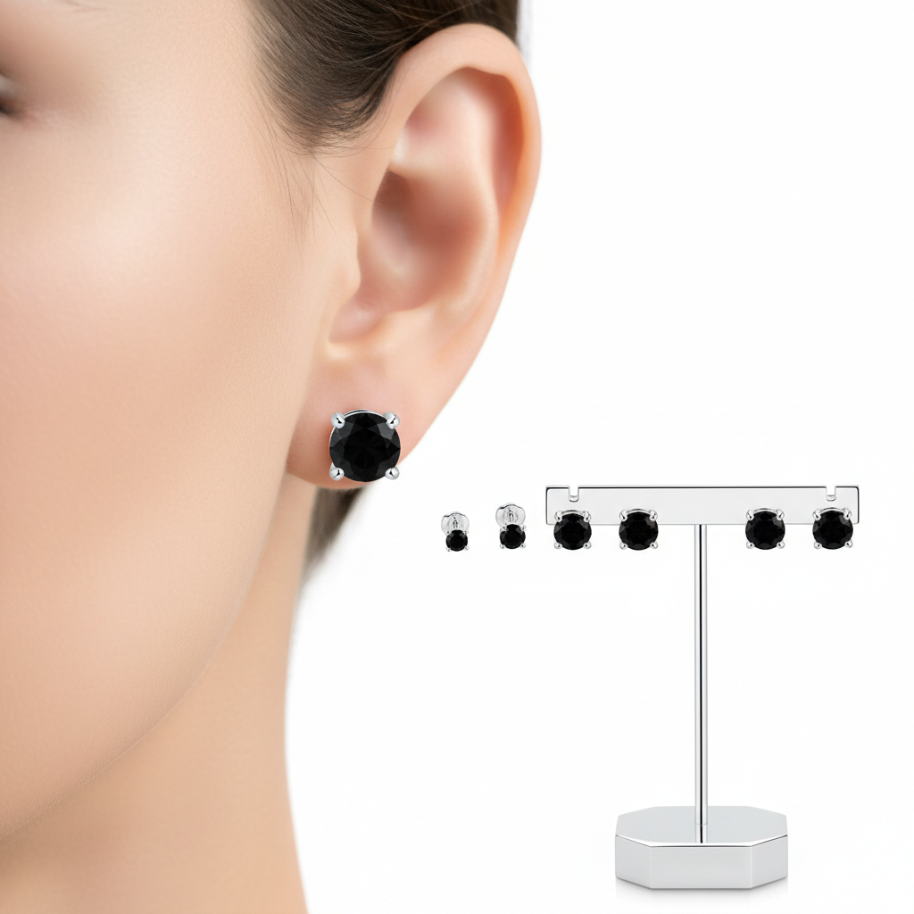 Orecchini punto luce con zircone nero indossati
