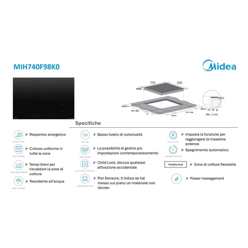 Piano cottura Midea ad induzione MIH740F98K0 77 cm 1 zona bridge colore nero