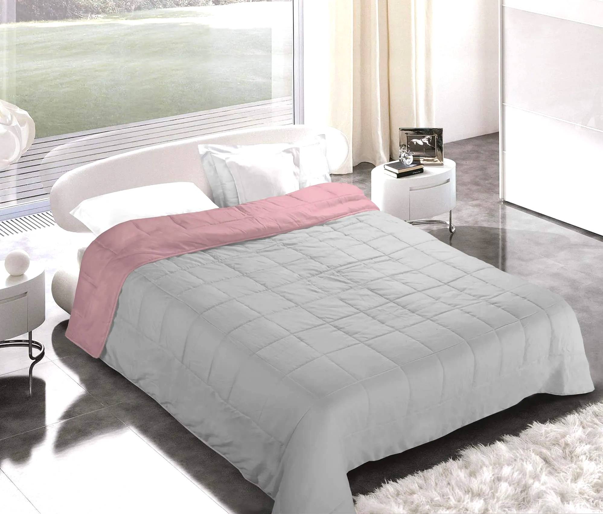 Piumino letto Piazza e Mezza Microfibra double face tinta unita Rosa Grigio