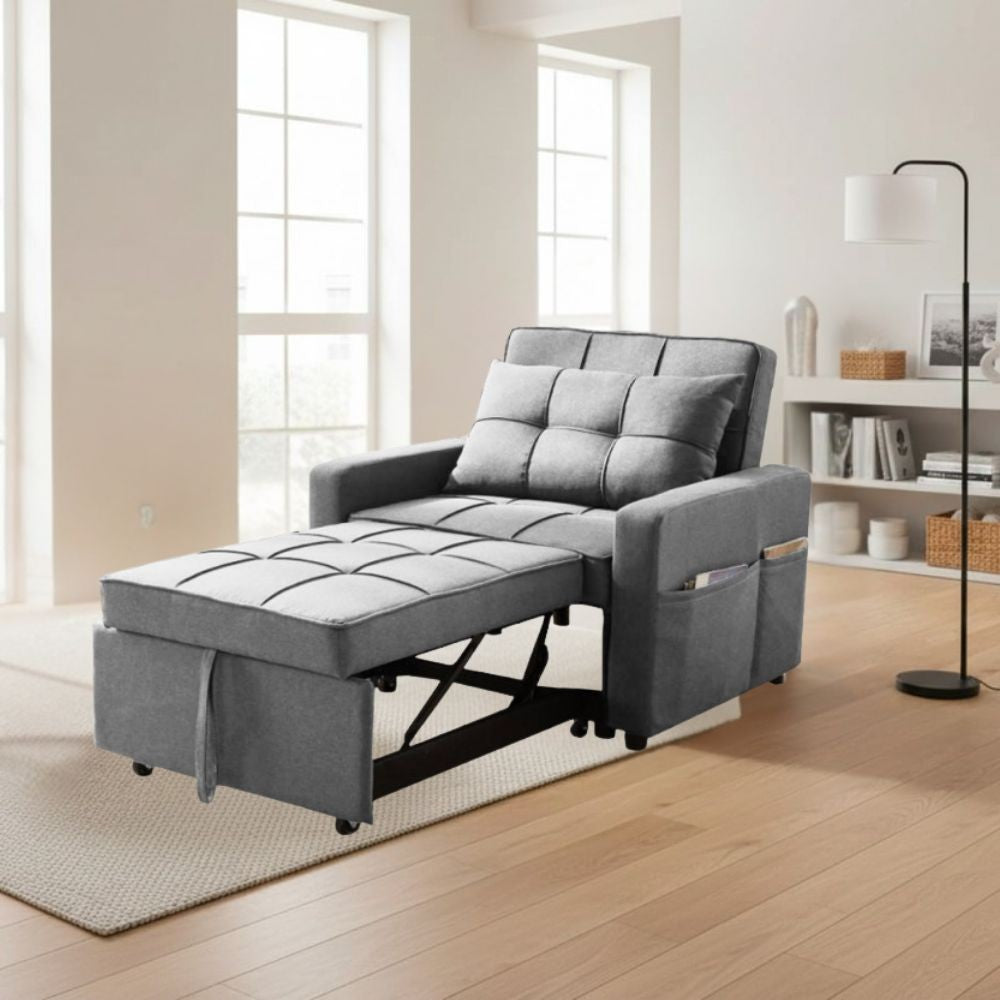 Poltrona letto Miray con schienale e seduta trapuntata in tessuto grigio