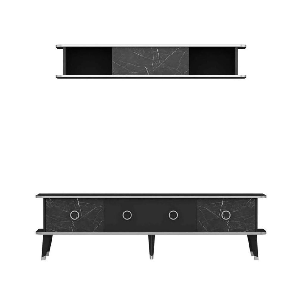 Porta tv con pensile Bientv 180 effetto marmo nero particolari argento