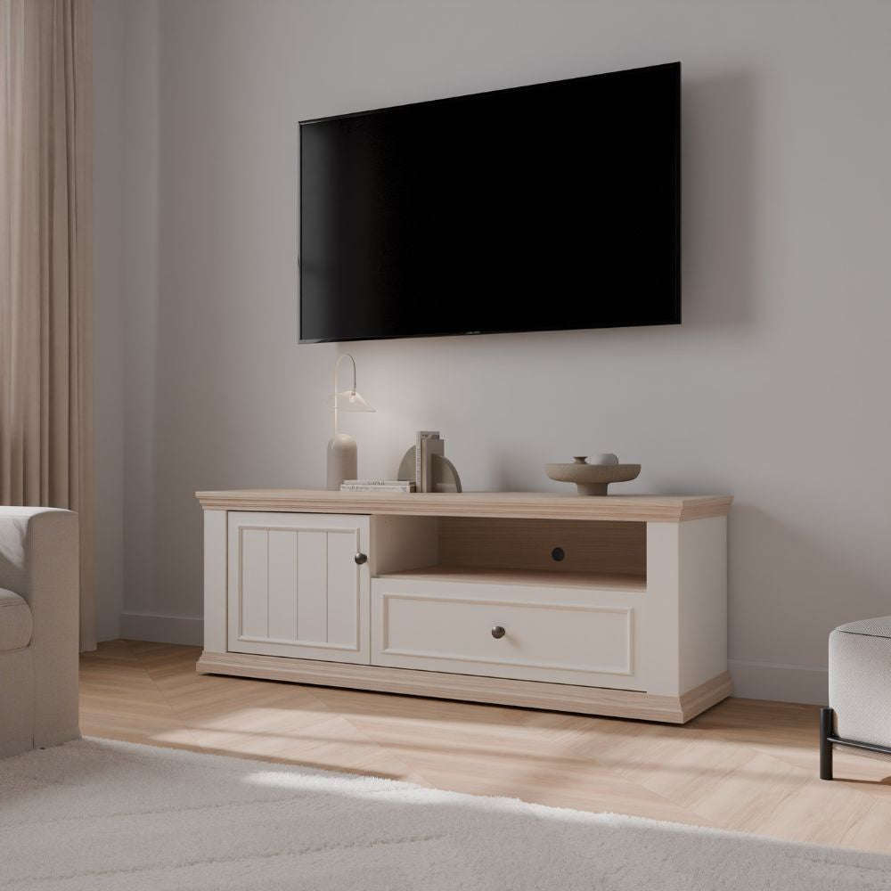 Porta tv Essenza 150 con 1 anta 1 cassetto e nicchia a giorno in colore bianco e dettagli rovere