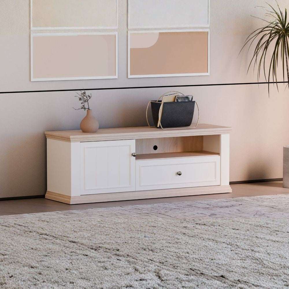 Porta tv Essenza 150 con 1 anta 1 cassetto e nicchia a giorno in colore bianco e dettagli rovere