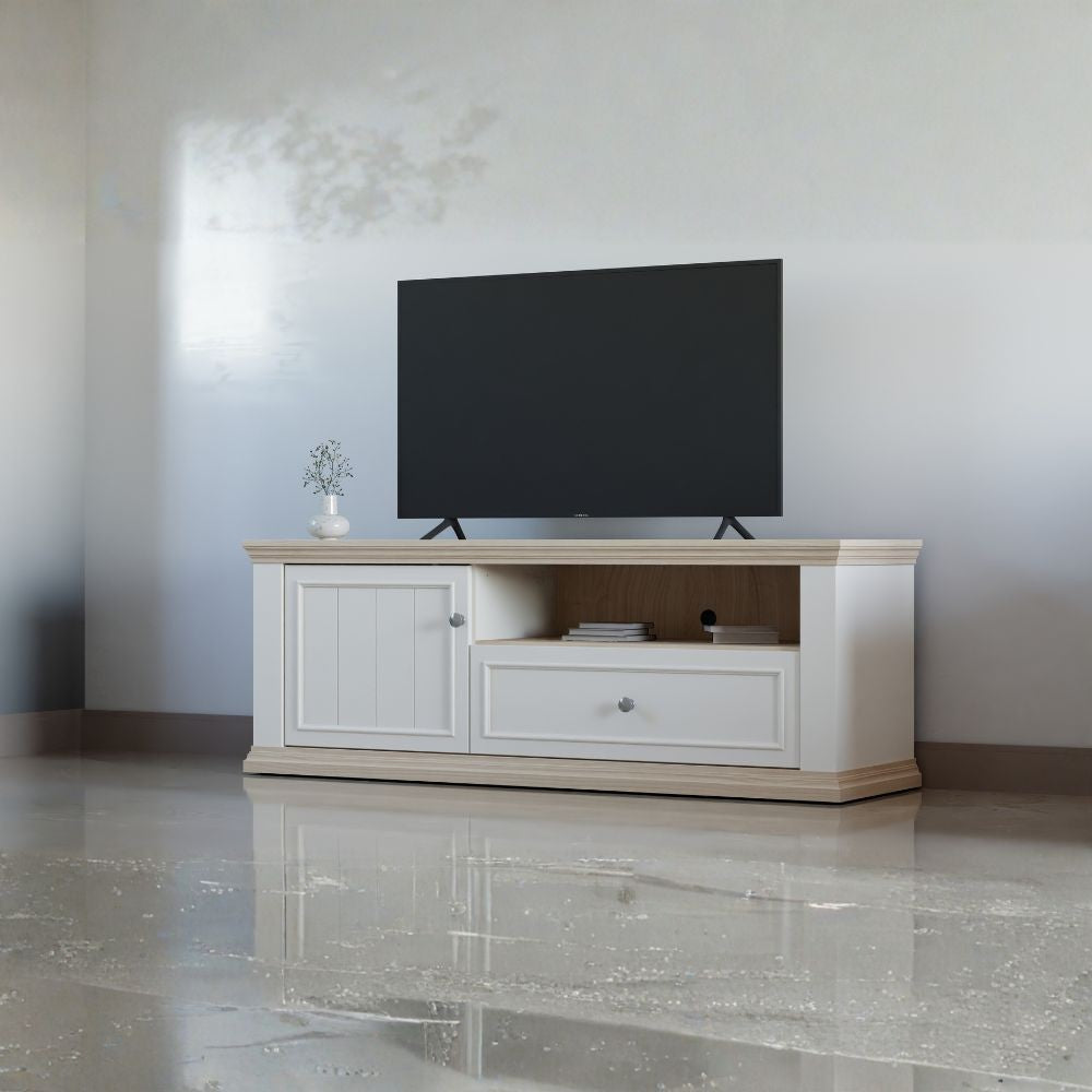 Porta tv Essenza 150 con 1 anta 1 cassetto e nicchia a giorno in colore bianco e dettagli rovere