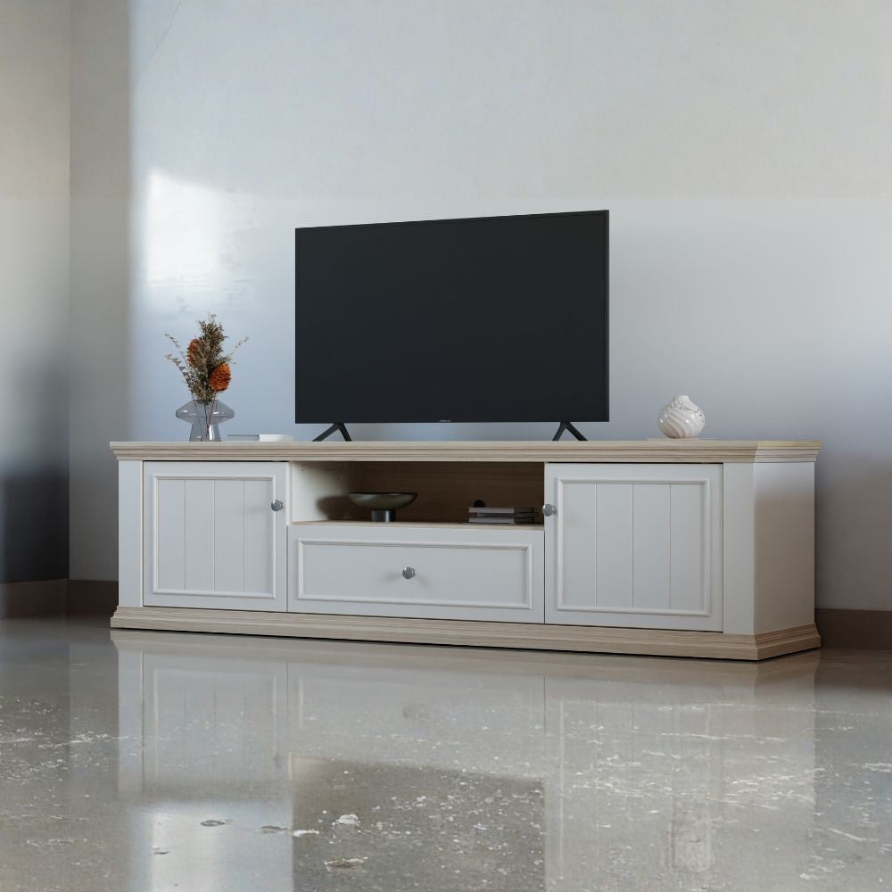 Porta tv Essenza 200 con 2 ante 1 cassetto e nicchia a giorno in colore bianco e dettagli rovere