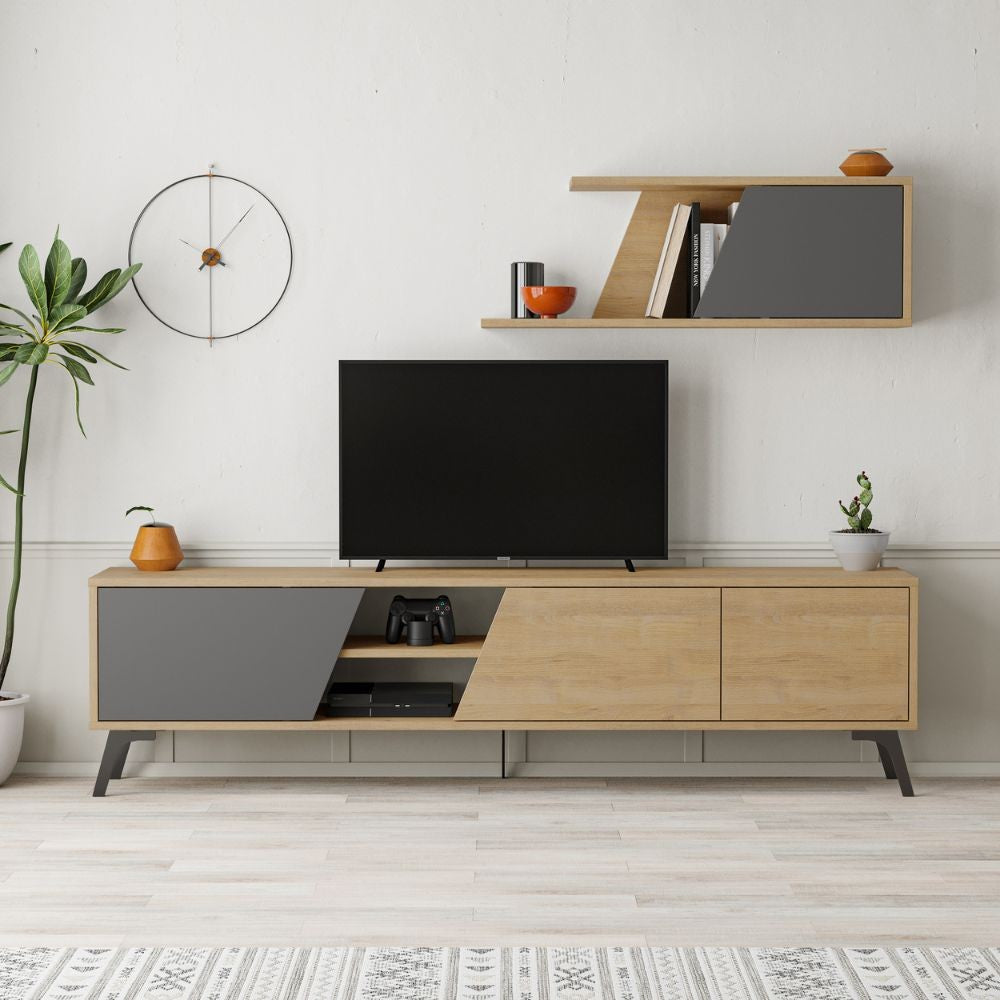 Porta tv Fiona rovere con anta antracite e mensola
