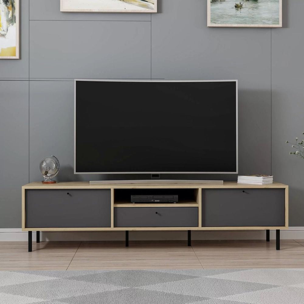 Porta tv Lida con 3 ante e 1 nicchia a giorno colore antracite e struttura rovere