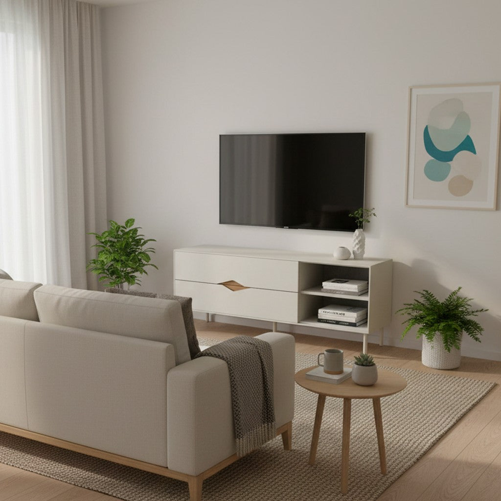 Porta tv Marquise in colore cashmere con dettaglio rovere deep oud