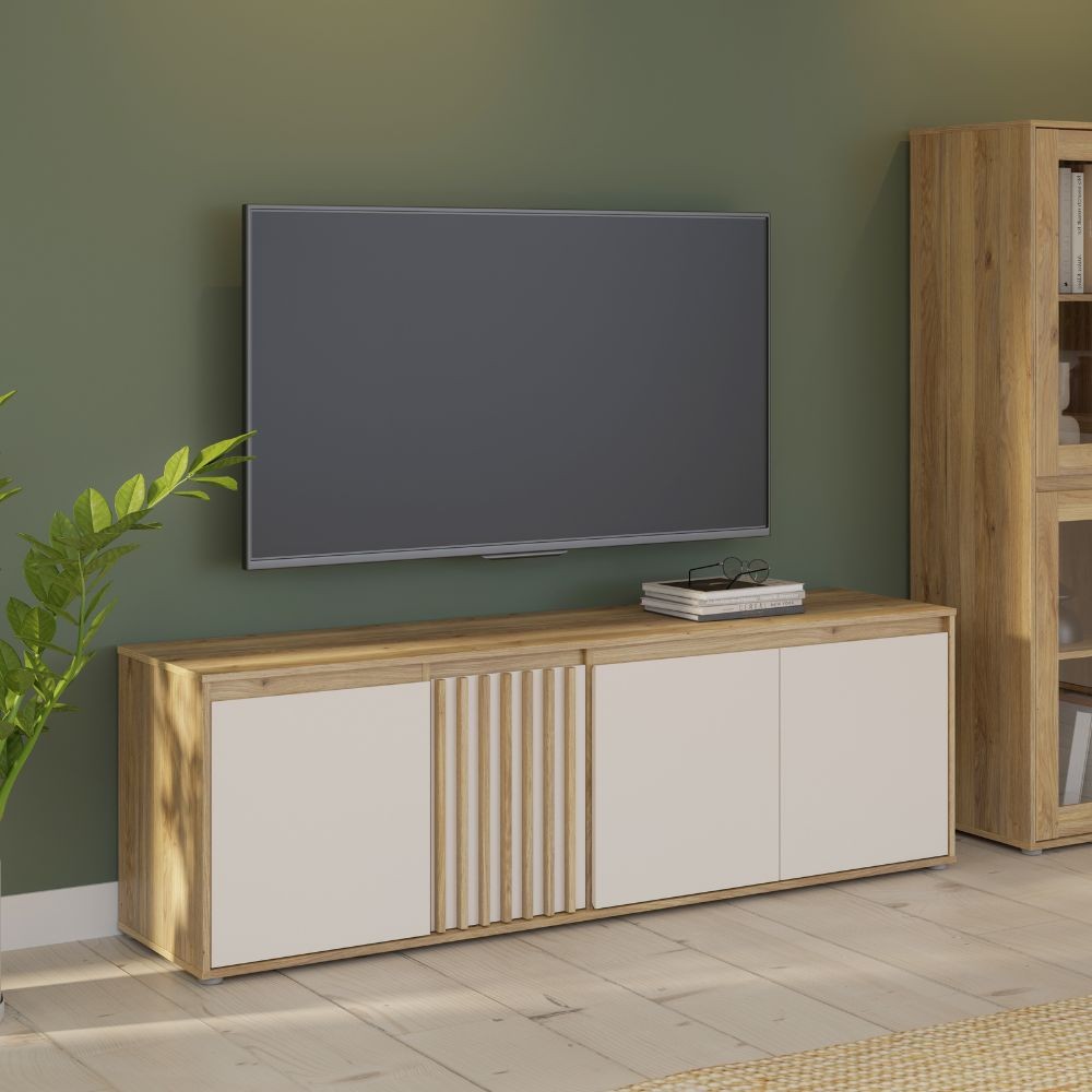 Porta tv Neutra 4 ante con dettaglio cannettato in rovere e cashmere