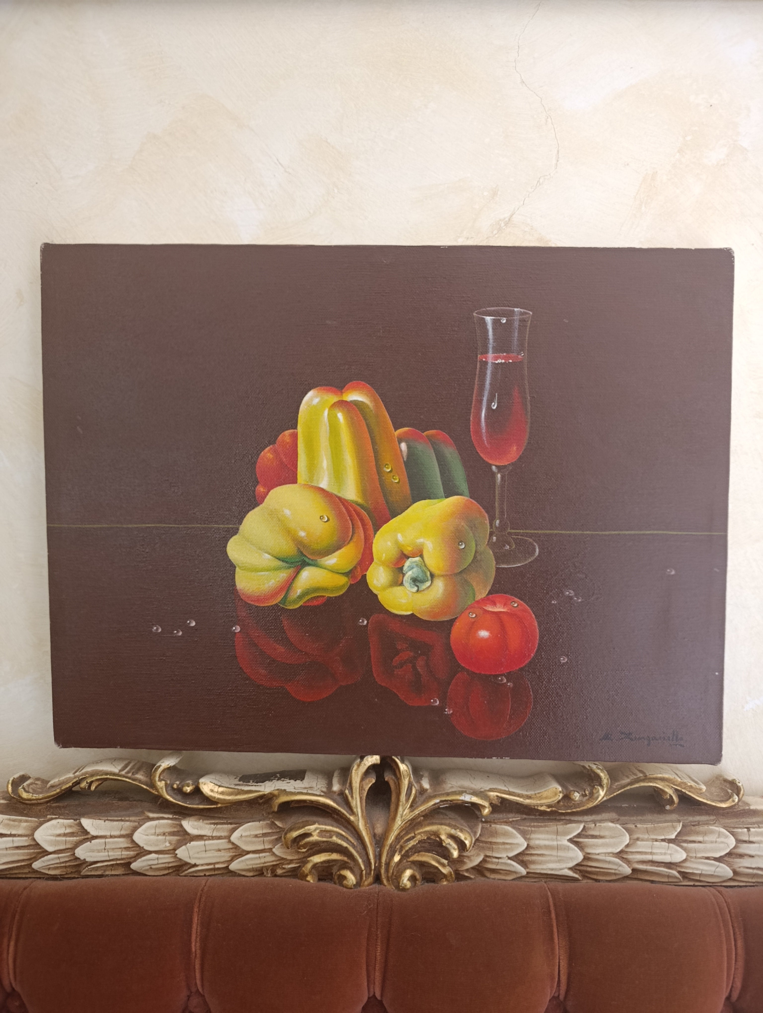 Olio su tela , natura morta peperoni con bicchiere , dipinto a mano.