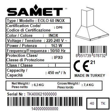 Samet Cappa a piramide Eolo 60 inox 60 cm