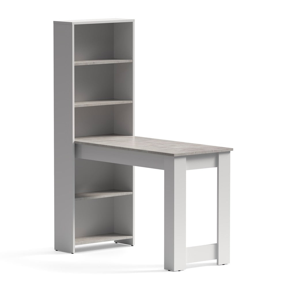 Scrivania compatta Mojo02 con libreria inclusa in bianco e piano cemento