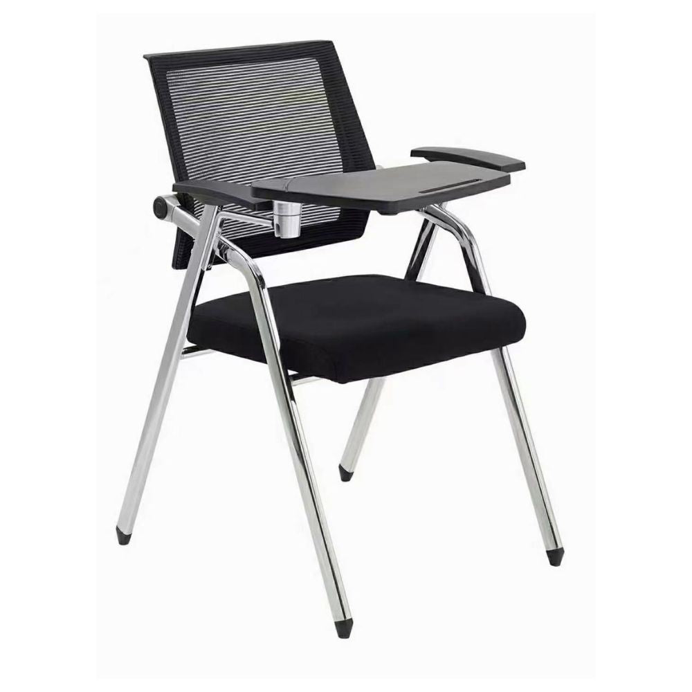 Sedia ufficio Loreto con tavolino ribaltabile, gambe in acciaio cromato e schienale in rete colore nero
