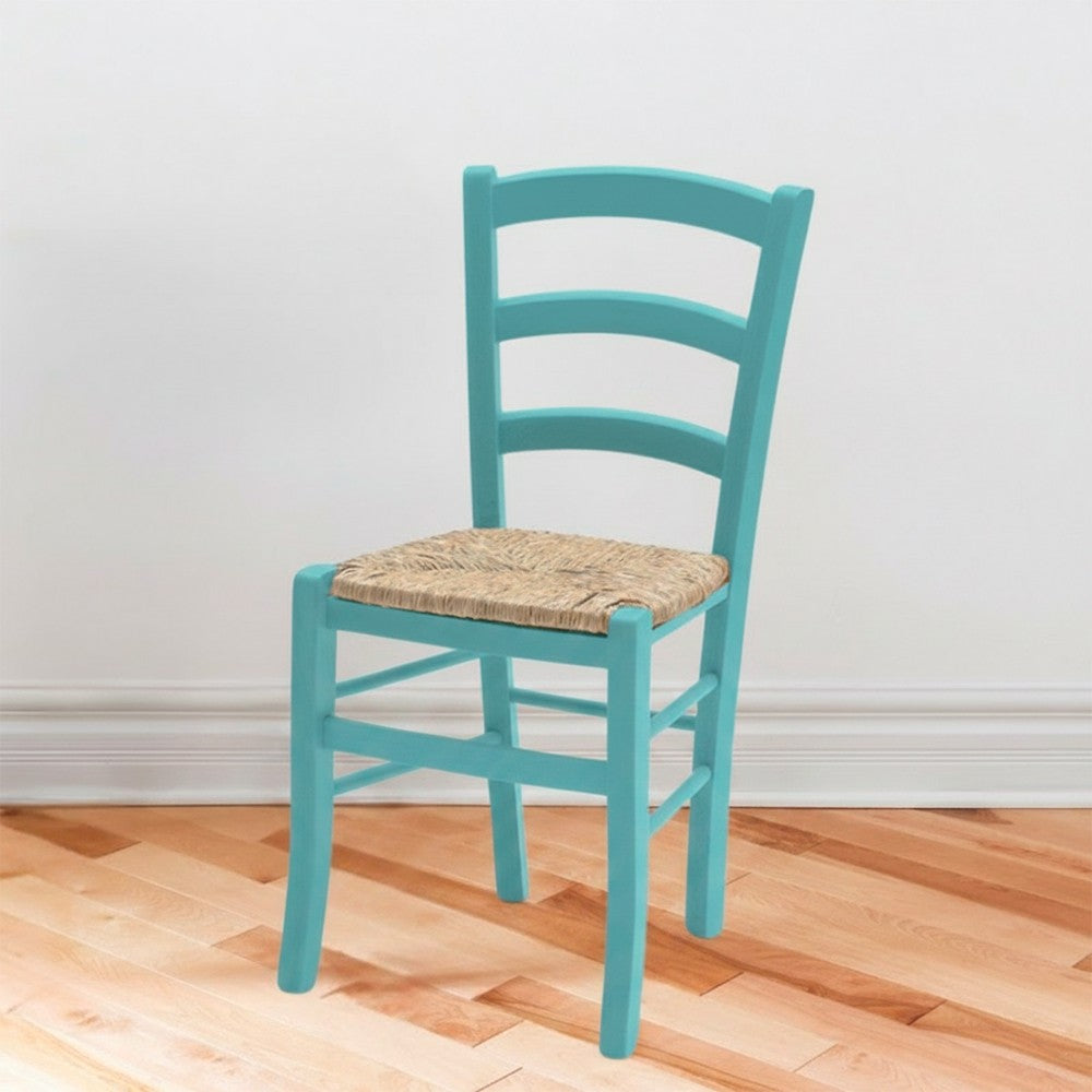 Sedia Venezia colore anilina celeste in legno di faggio con seduta in paglia set 2 pezzi