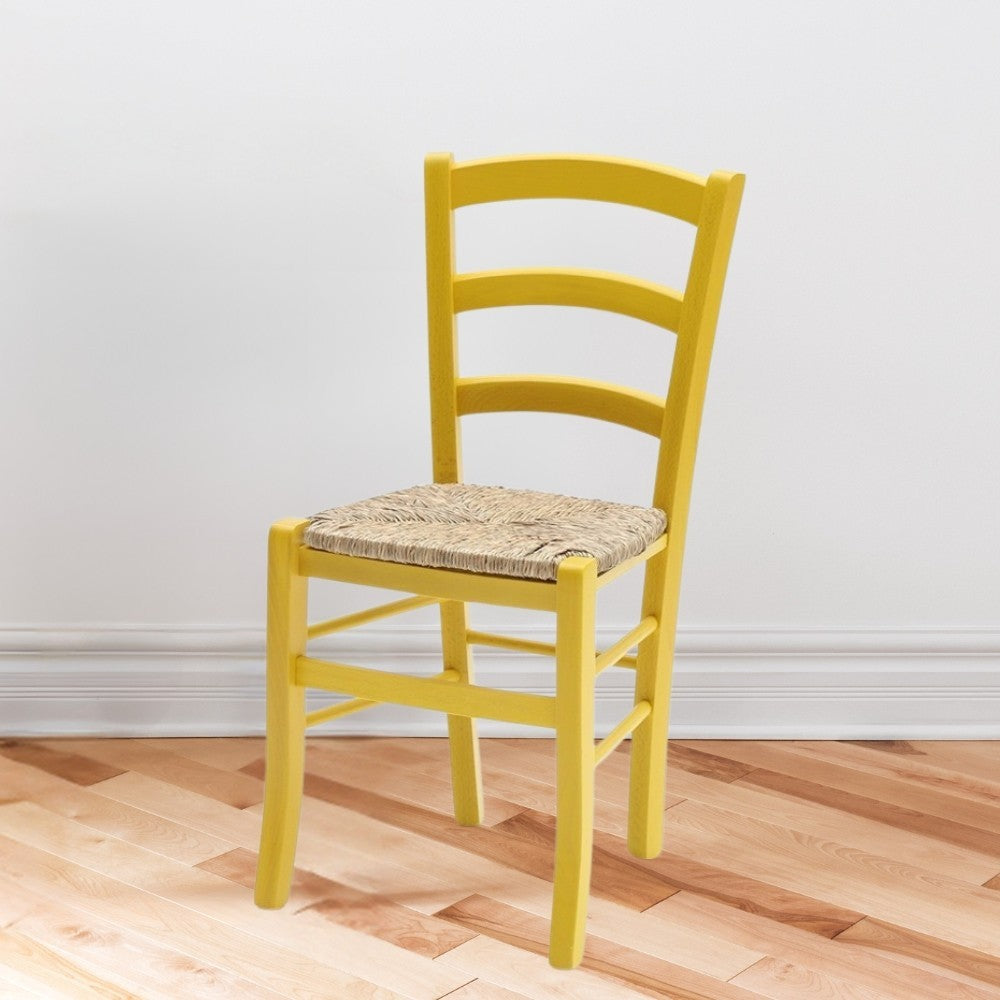 Sedia Venezia colore anilina giallo in legno di faggio con seduta in paglia set 2 pezzi