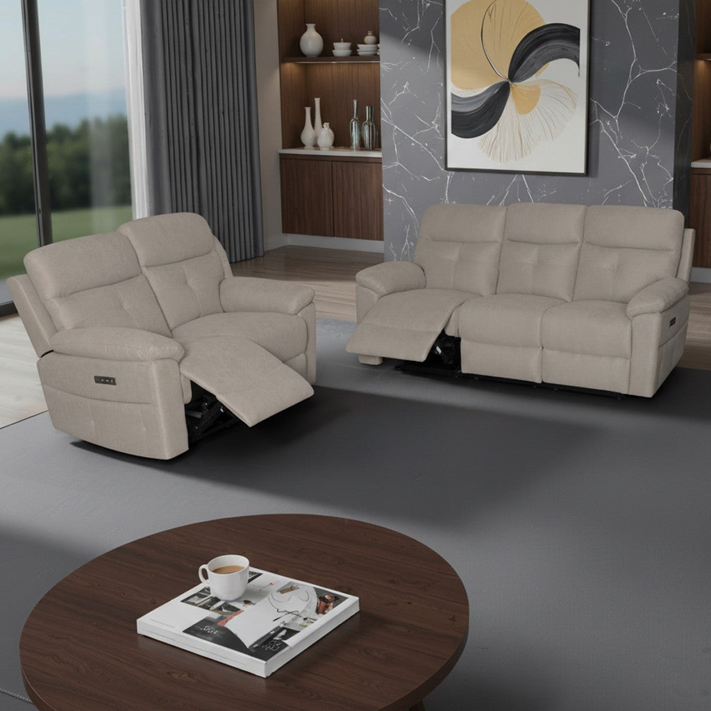 Set divani Kayde 2 e 3 posti recliner elettrici in tessuto Mia 103-05 beige