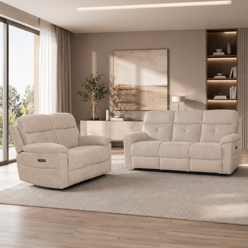 Set divani Kayde 2 e 3 posti recliner elettrici in tessuto Mia 103-05 beige