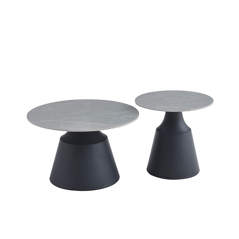 Set due tavolini da salotto rotondi Dual con piano grigio opaco e struttura in metallo nero