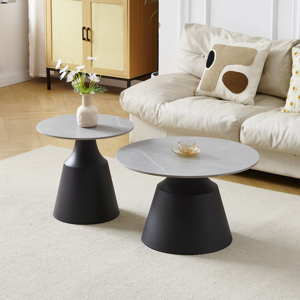 Set due tavolini da salotto rotondi Dual con piano grigio opaco e struttura in metallo nero
