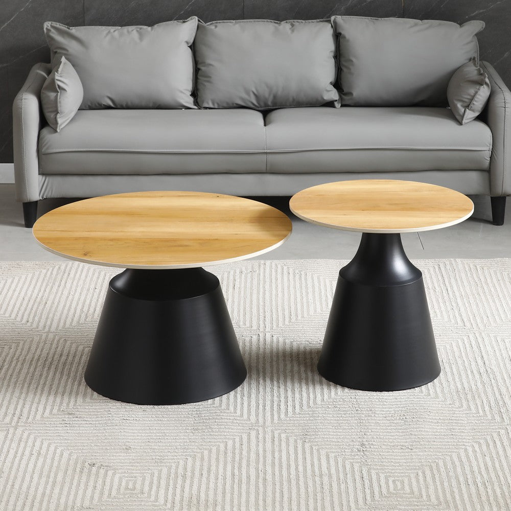 Set due tavolini da salotto rotondi Dual con piano rovere e struttura in metallo nero