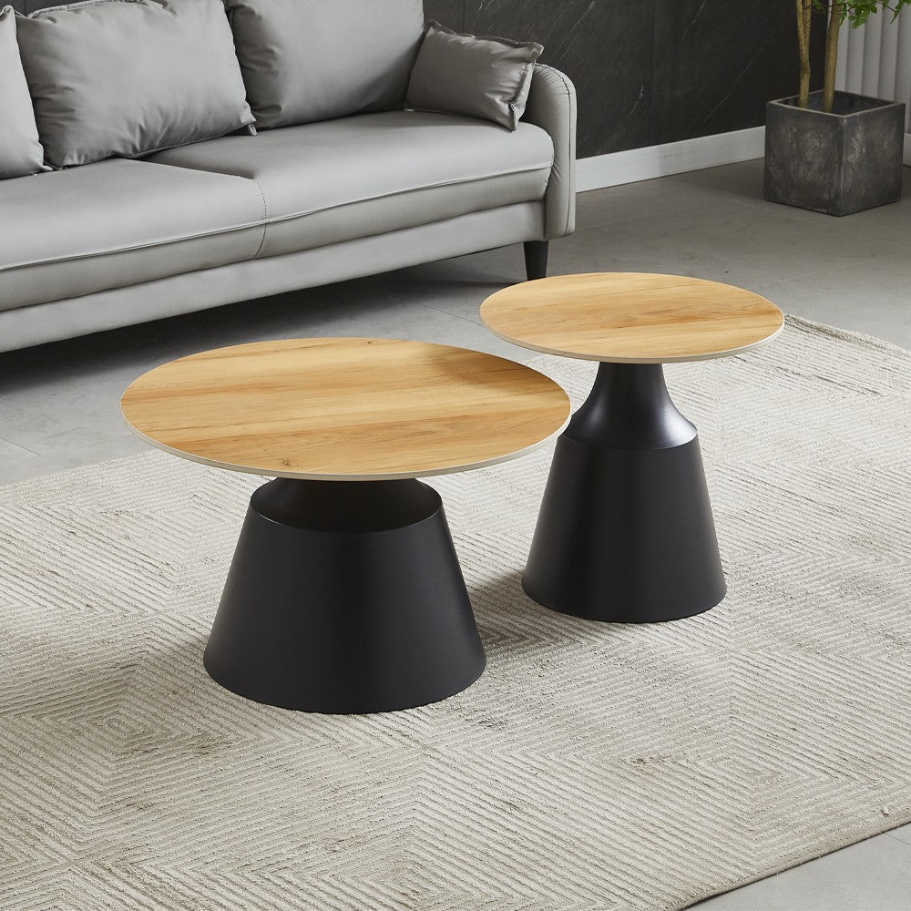 Set due tavolini da salotto rotondi Dual con piano rovere e struttura in metallo nero
