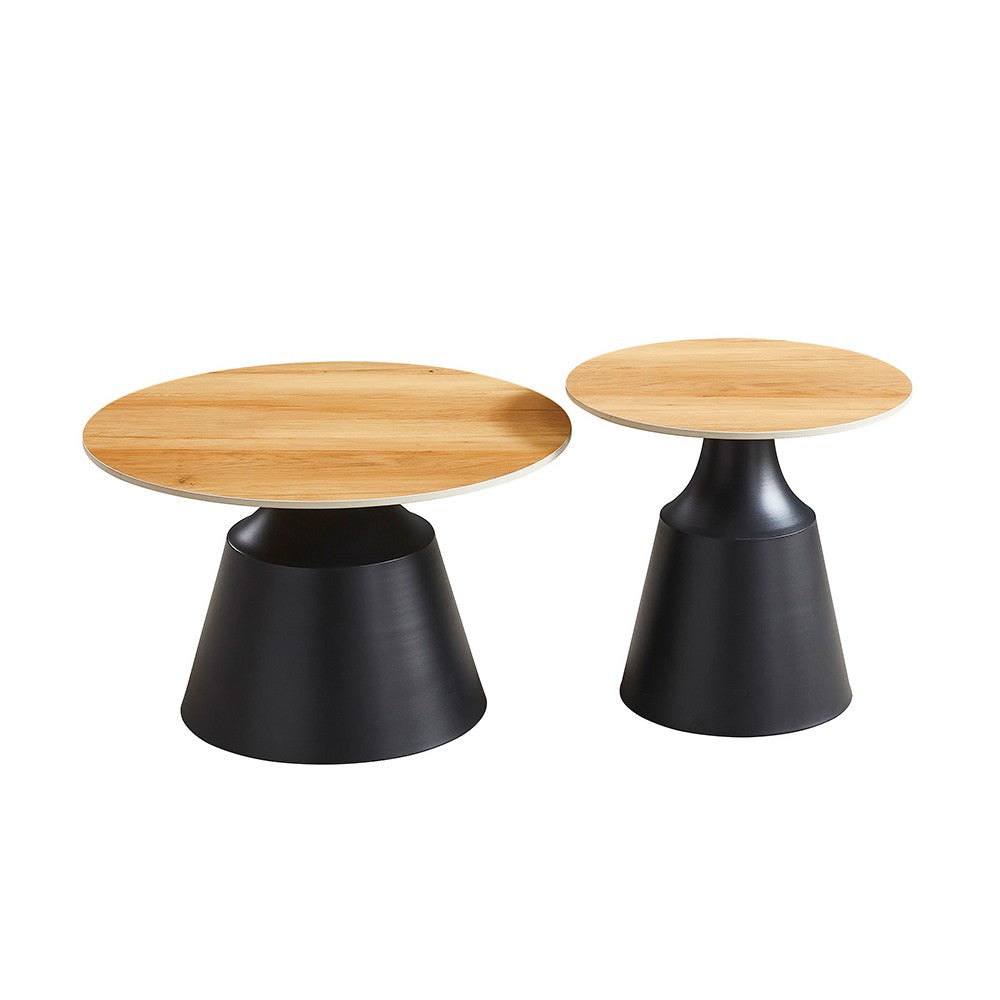 Set due tavolini da salotto rotondi Dual con piano rovere e struttura in metallo nero