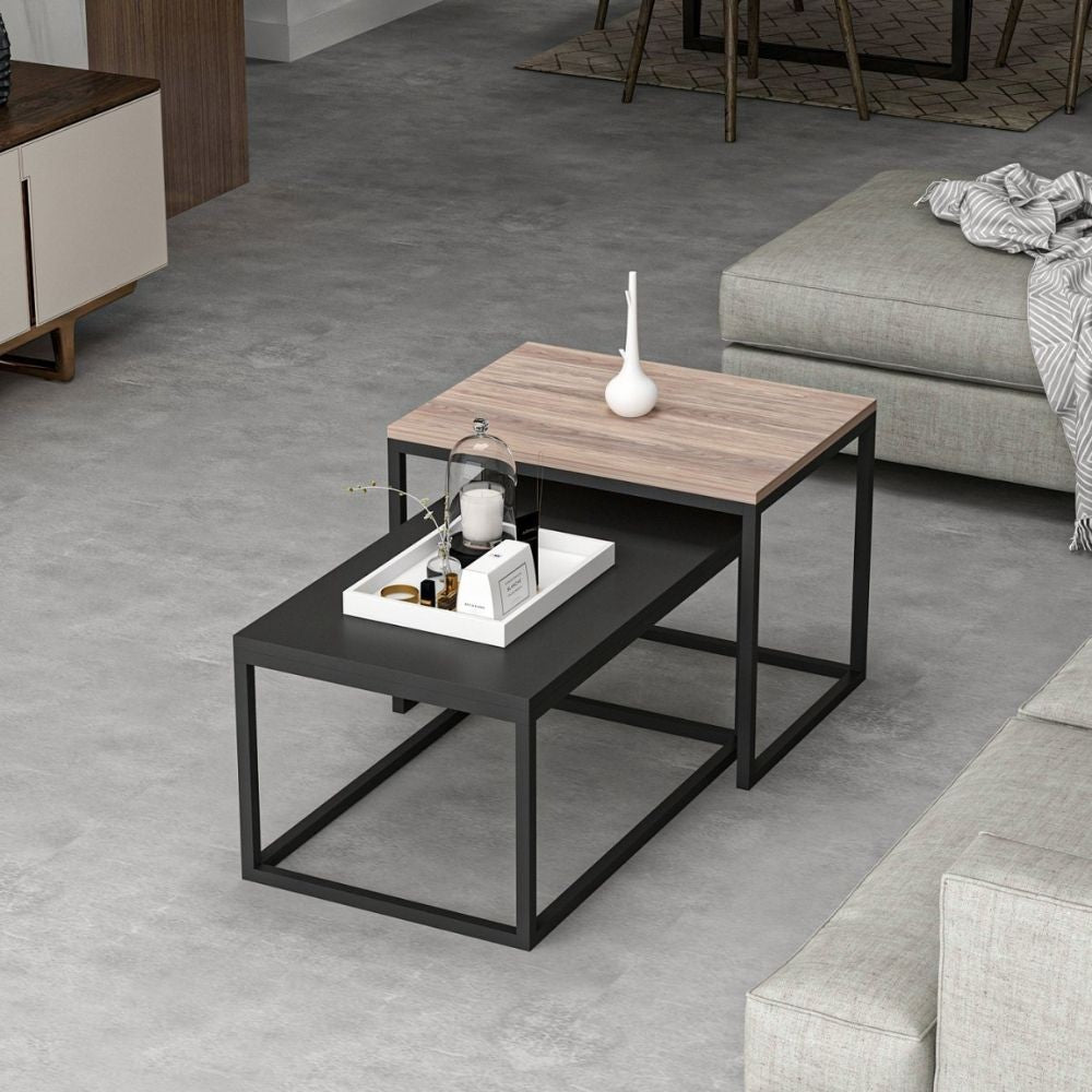 Set tavolini da salotto Leka nero e noce struttura in metallo
