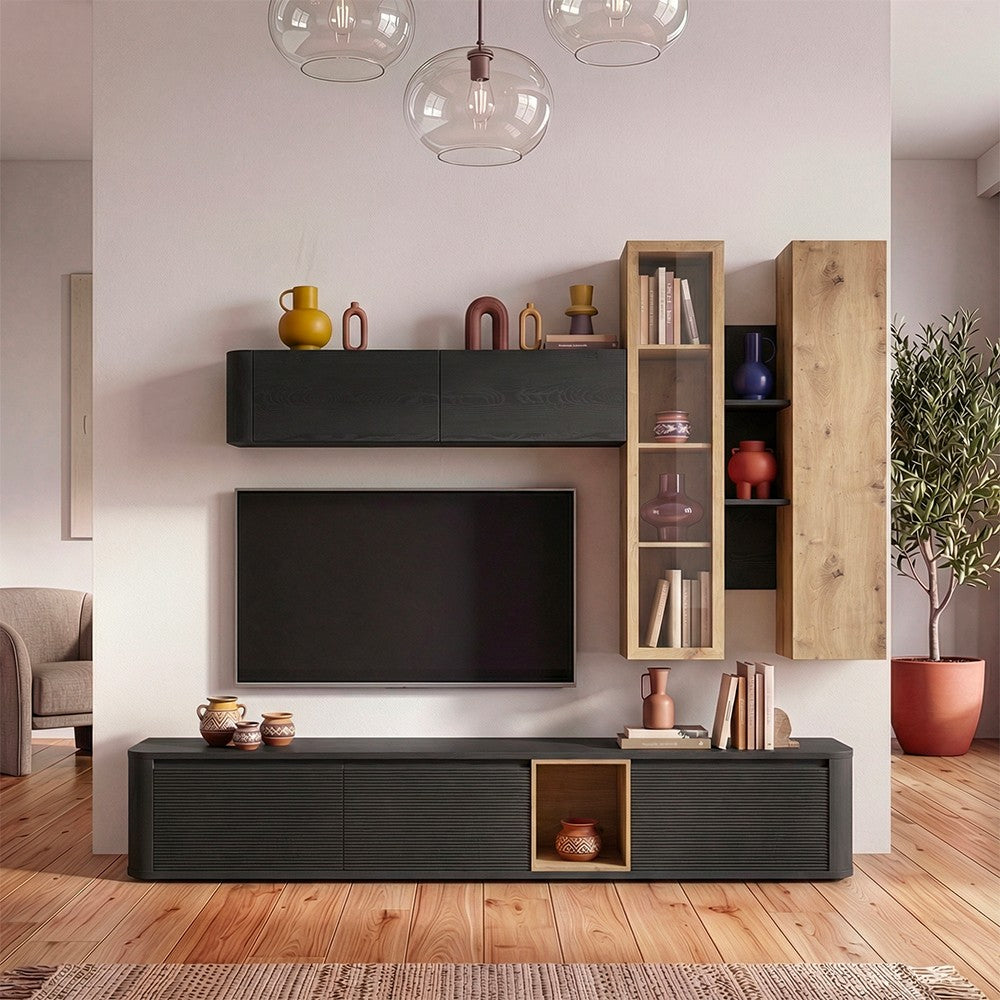 Soggiorno parete attrezzata Core grande con porta tv e pensili in colore rovere e nero