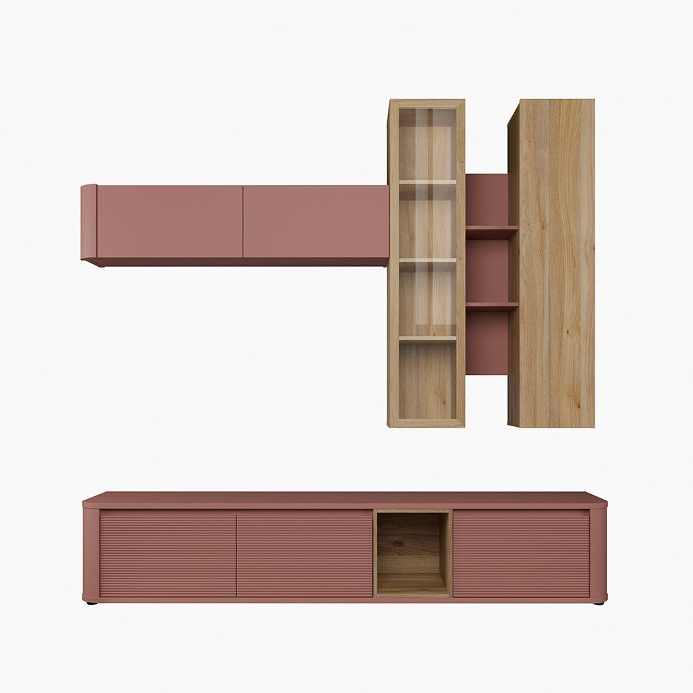 Soggiorno parete attrezzata Core grande con porta tv e pensili in colore rovere e terracotta