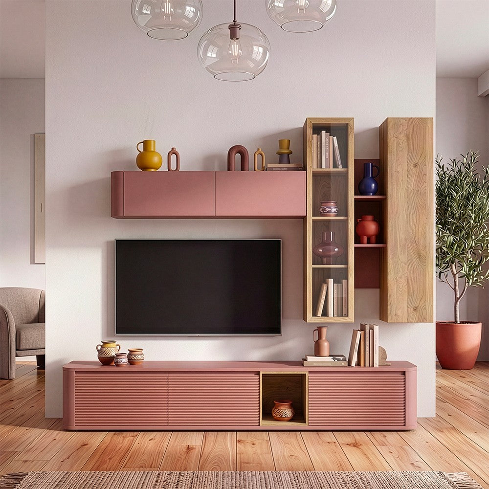 Soggiorno parete attrezzata Core grande con porta tv e pensili in colore rovere e terracotta