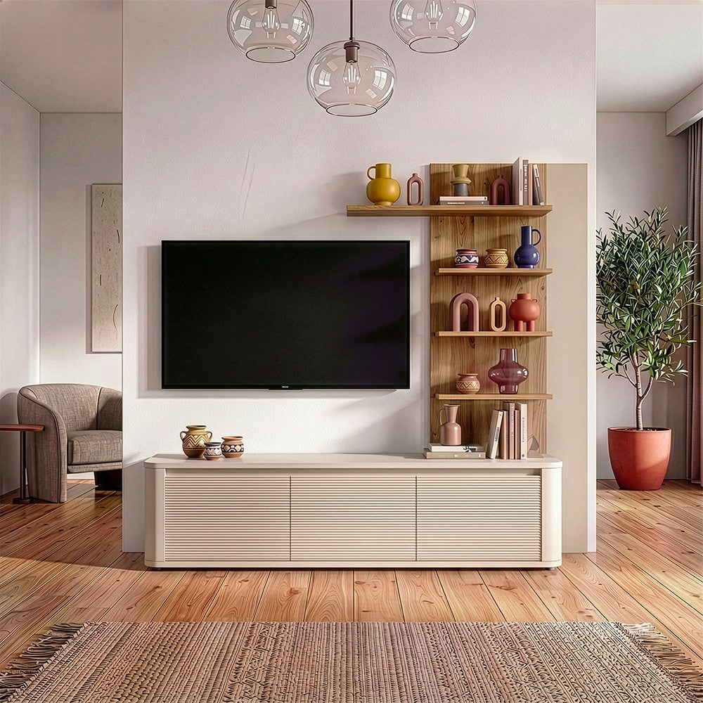 Soggiorno parete attrezzata Core piccolo con porta tv e libreria pensile in rovere e cashmere