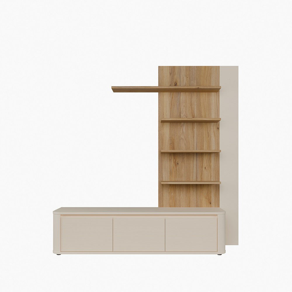 Soggiorno parete attrezzata Core piccolo con porta tv e libreria pensile in rovere e cashmere
