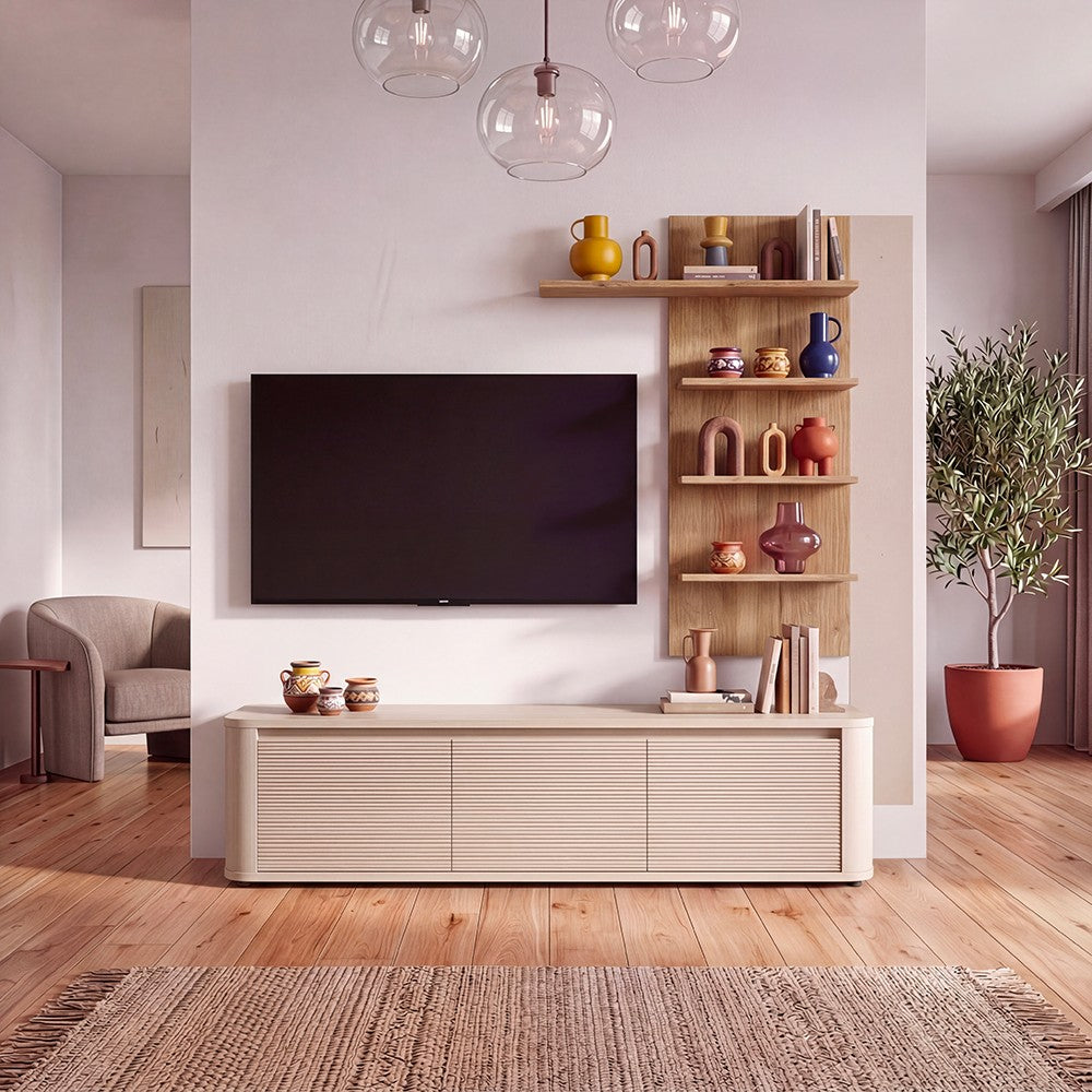 Soggiorno parete attrezzata Core piccolo con porta tv e libreria pensile in rovere e cashmere