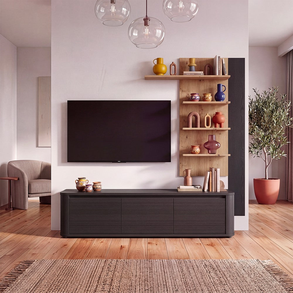 Soggiorno parete attrezzata Core piccolo con porta tv e libreria pensile in rovere e nero