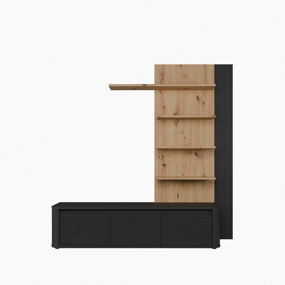 Soggiorno parete attrezzata Core piccolo con porta tv e libreria pensile in rovere e nero