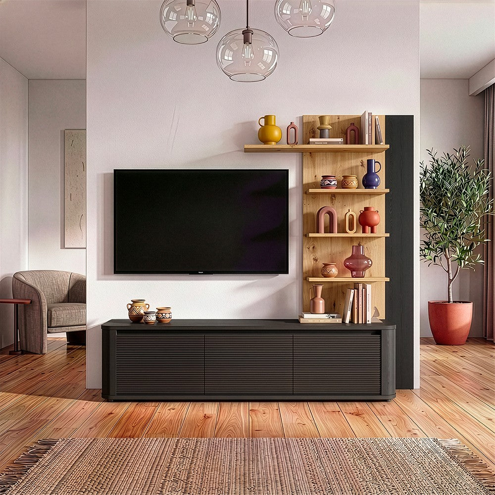 Soggiorno parete attrezzata Core piccolo con porta tv e libreria pensile in rovere e nero