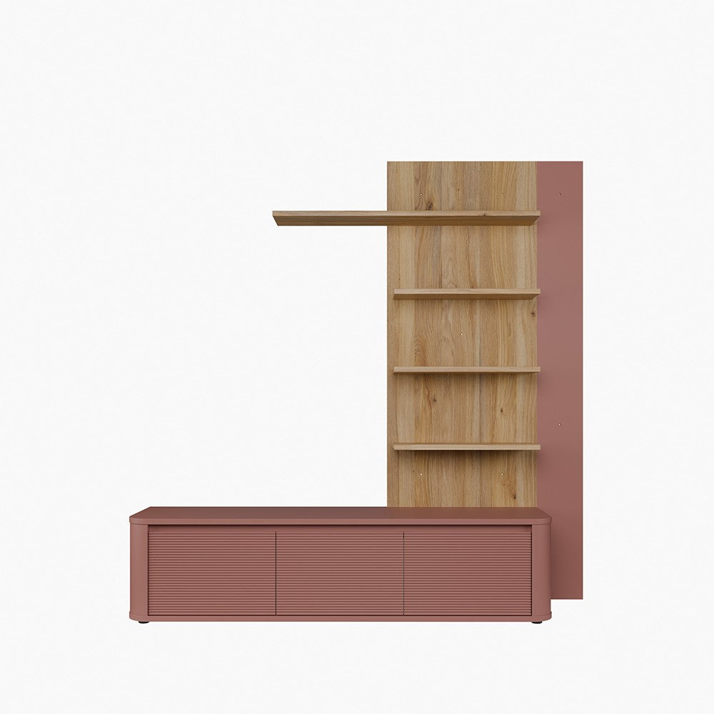 Soggiorno parete attrezzata Core piccolo con porta tv e libreria pensile in rovere e terracotta