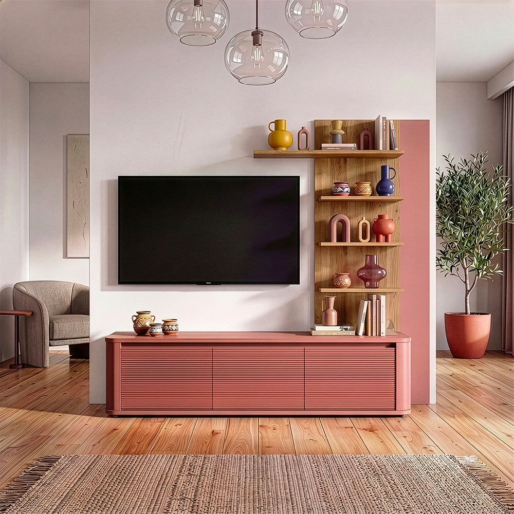 Soggiorno parete attrezzata Core piccolo con porta tv e libreria pensile in rovere e terracotta