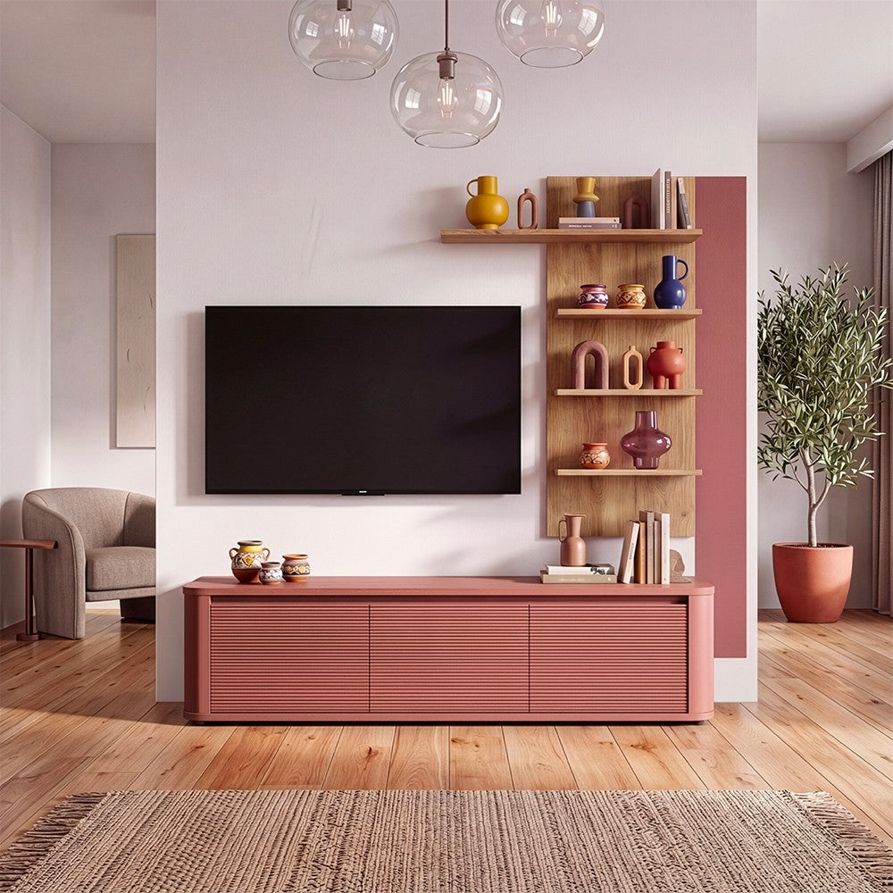 Soggiorno parete attrezzata Core piccolo con porta tv e libreria pensile in rovere e terracotta