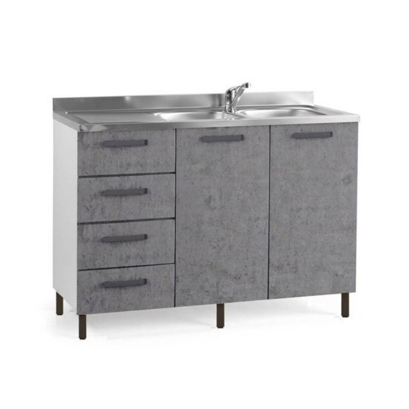 Sottolavello con cassettiera 120x50x85H cemento con lavello 2 vasche e gocciolatoio sinistro lavello incluso