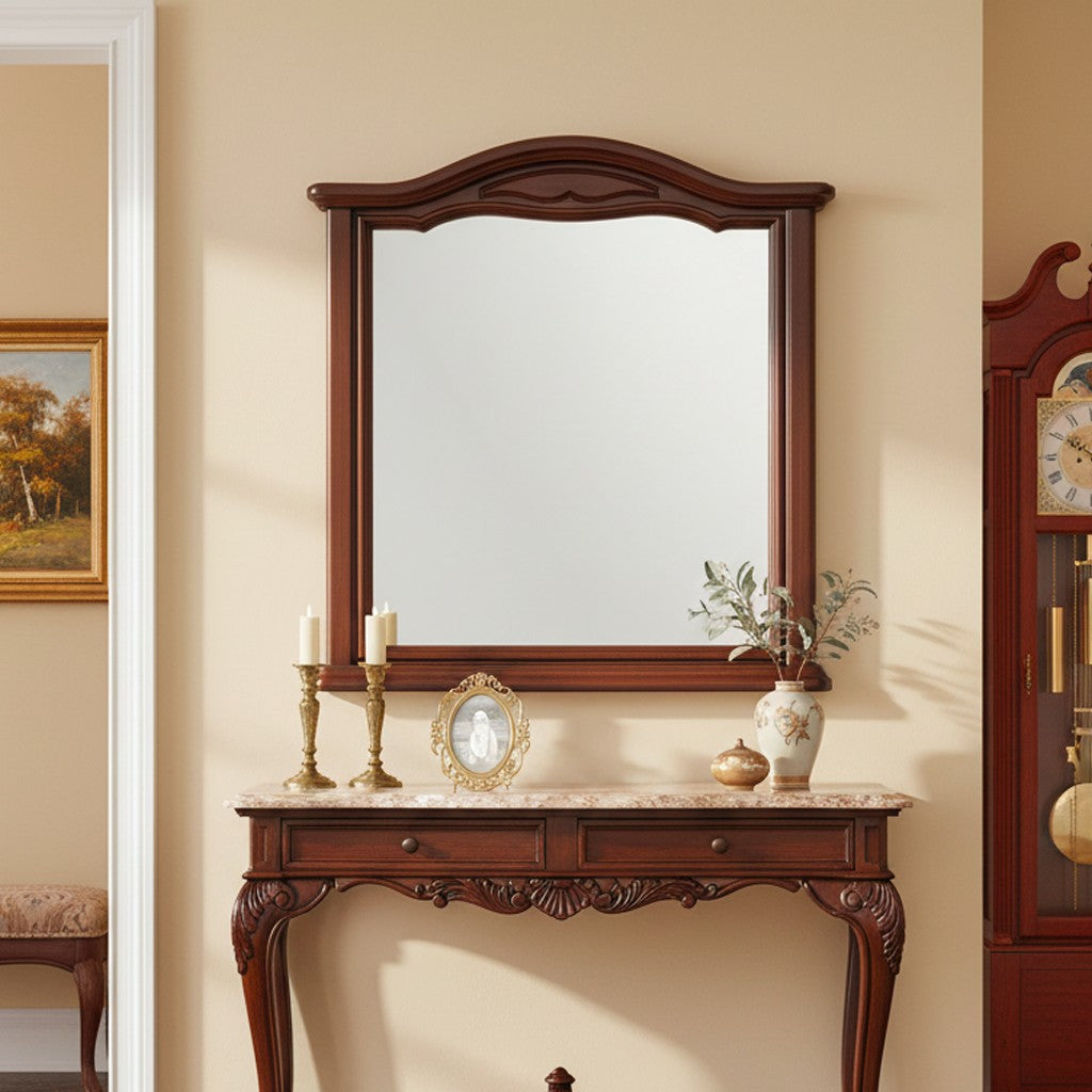 Specchiera classica Cloe con cornice con dettagli sagomati e finiture decorative noce