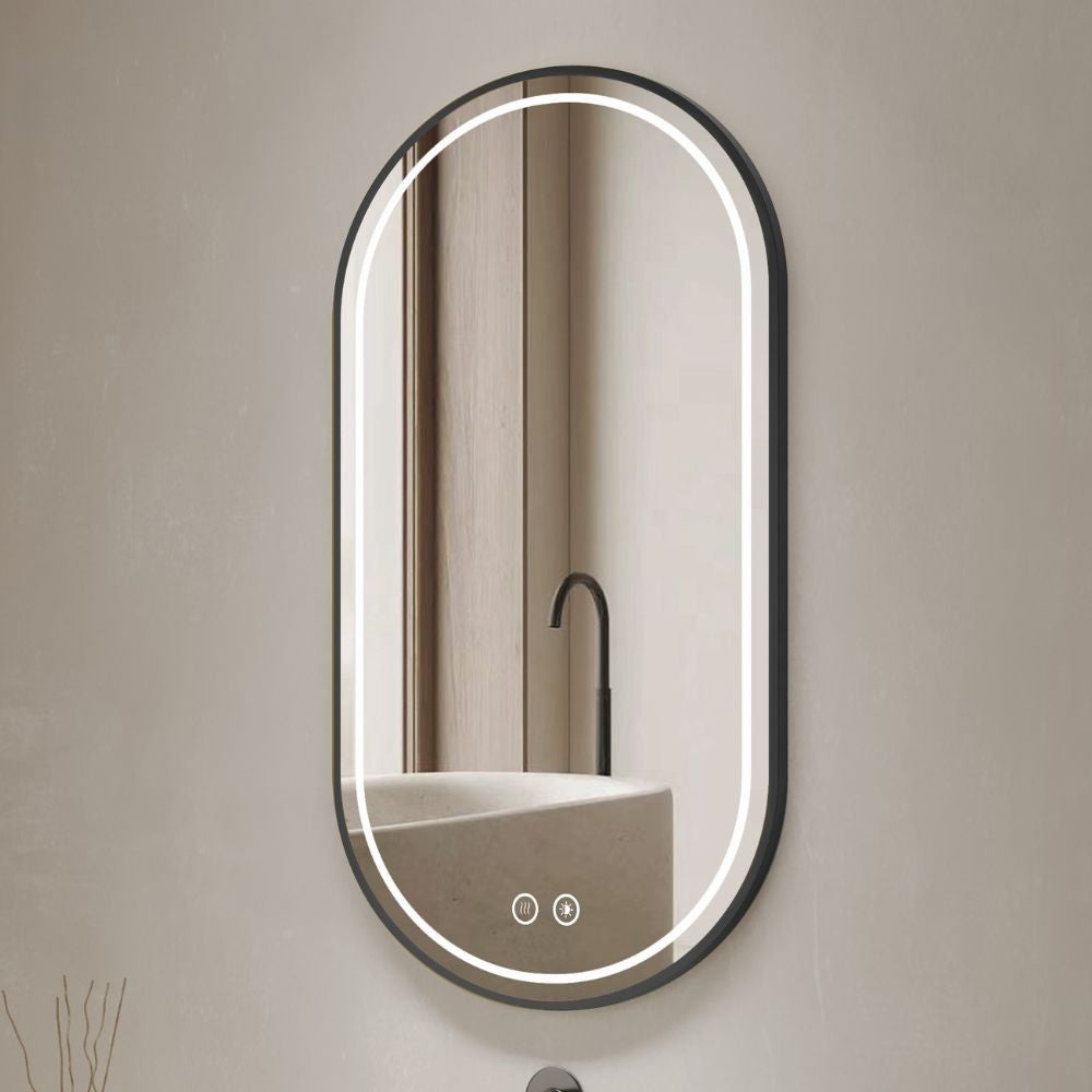 Specchio smart ovale YJ-2004BL con cornice nera in acciaio inox satinato 90x60 cm.