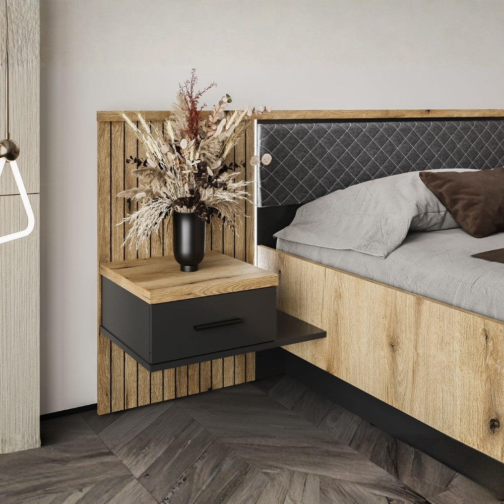 Struttura letto matrimoniale Esteban296 con testiera a boiserie dogata con luci LED e comodini integrati in rovere e antracite