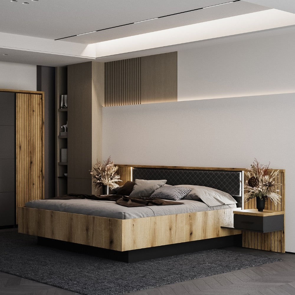 Struttura letto matrimoniale Esteban296 con testiera a boiserie dogata con luci LED e comodini integrati in rovere e antracite