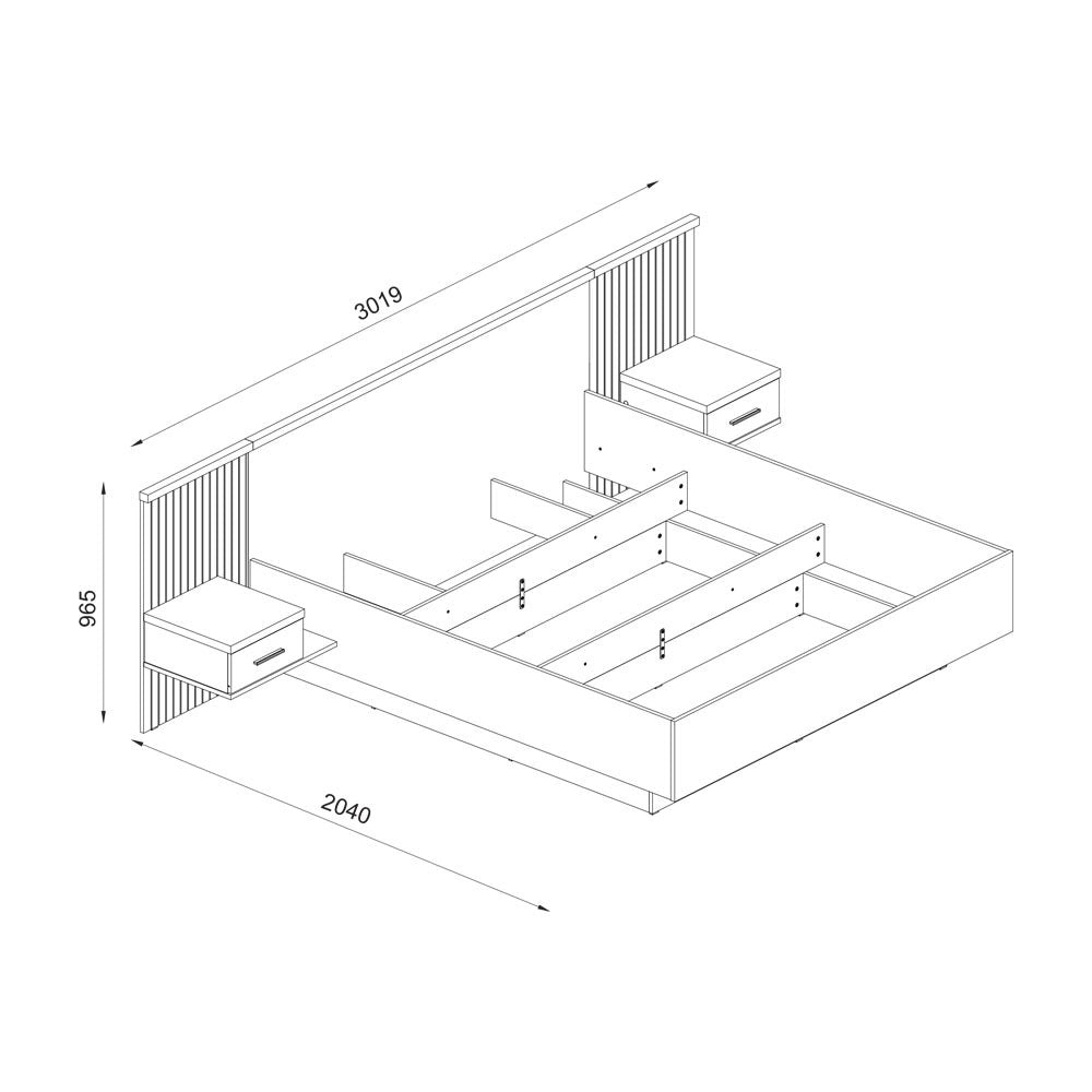 Struttura letto matrimoniale Esteban296 con testiera a boiserie dogata con luci LED e comodini integrati in rovere e antracite