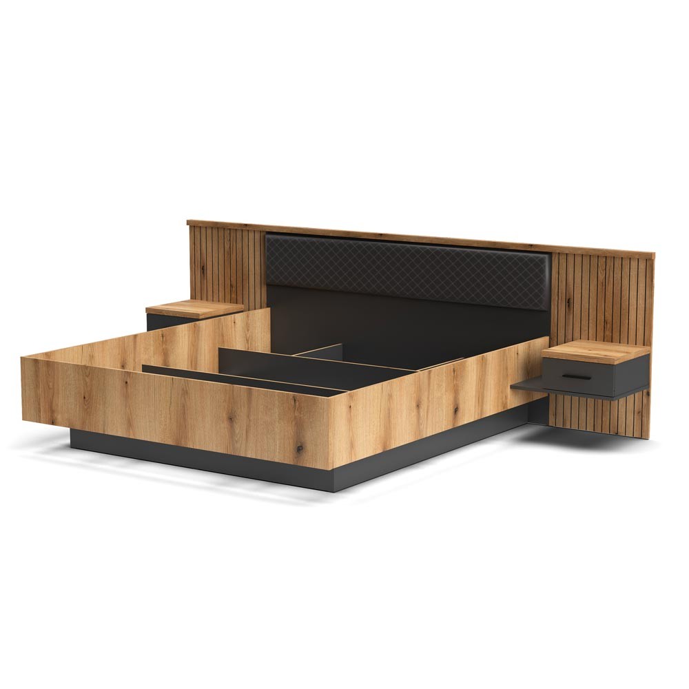 Struttura letto matrimoniale Esteban296 con testiera a boiserie dogata con luci LED e comodini integrati in rovere e antracite